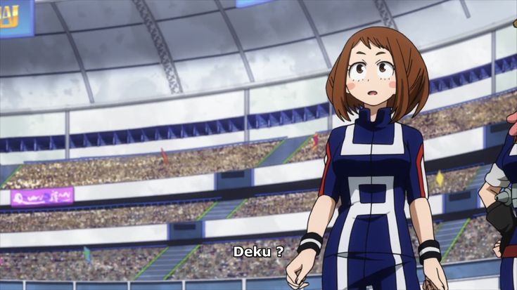 two anime characters standing in front of an empty stadium