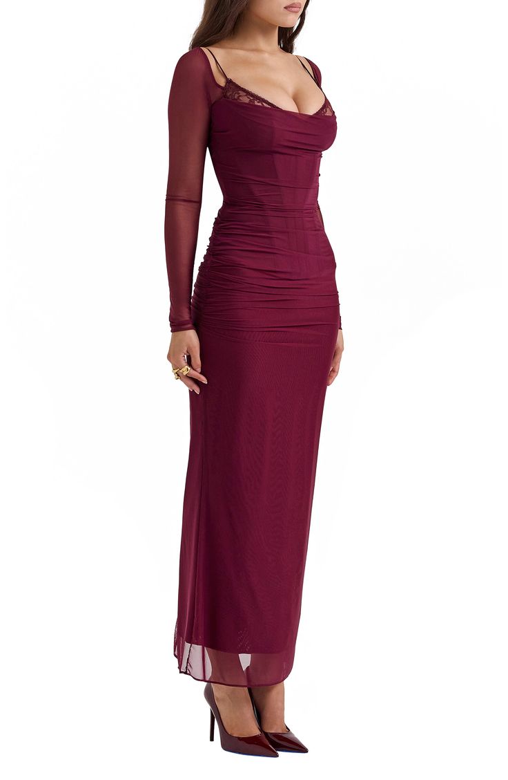 Shaped by rippled ruching, this close-fitting maxi features mesh accents and a lacy neckline. Exclusive retailer Square neck Long sleeves Back slit Lined 85% polyamide, 15% elastane with 100% polyester contrast Dry clean Imported Wine Maxi Dress, Maxi Dress For Women, Sheer Long Sleeve, Backless Maxi Dresses, Dress Inspo, Strapless Maxi Dress, Club Party, Mode Inspo, Long Sleeve Maxi