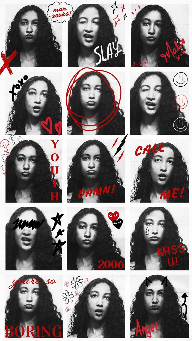 various images of different women with red writing on them