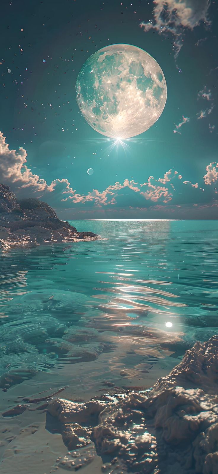 the full moon is shining above the water and clouds in the sky over the ocean