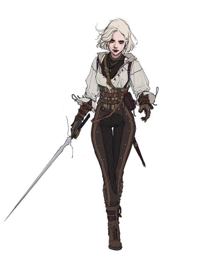 a drawing of a woman with white hair holding two swords and looking at the camera