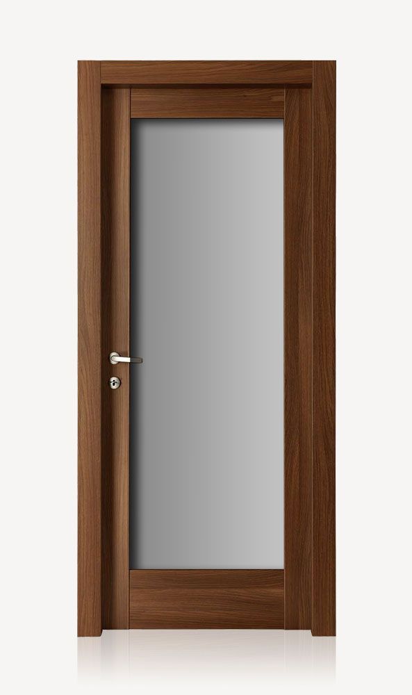 an open wooden door with glass on the inside and outside, against a white background