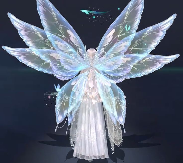 a white angel with blue wings standing in the dark