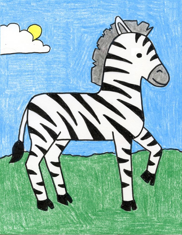 a child's drawing of a zebra standing on top of a grass covered field