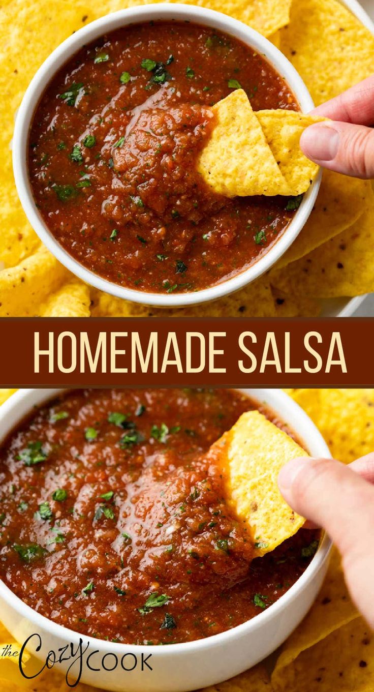 homemade salsa in a white bowl with tortilla chips on the side and text overlay reading homemade salsa