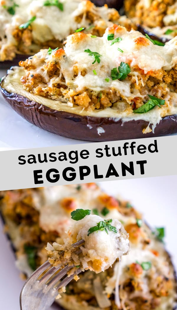 an eggplant stuffed with meat and cheese is shown in two separate images, one has a fork stuck into it