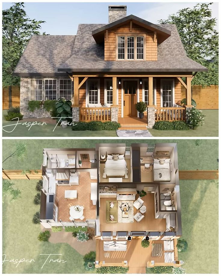 two pictures of the same house in different stages of being built, and one shows what it looks like