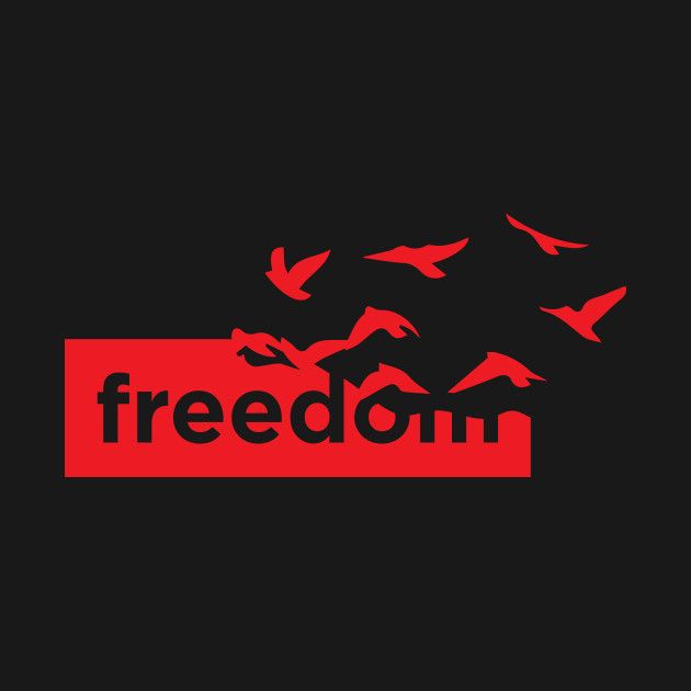 a red and black logo with birds flying around it that reads,'freedom '