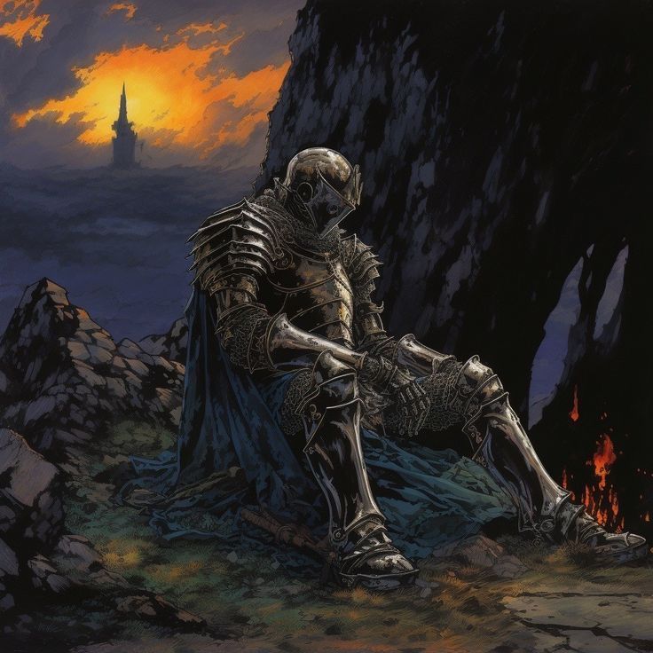 a skeleton sitting on top of a pile of rocks next to a fire pit with a castle in the background