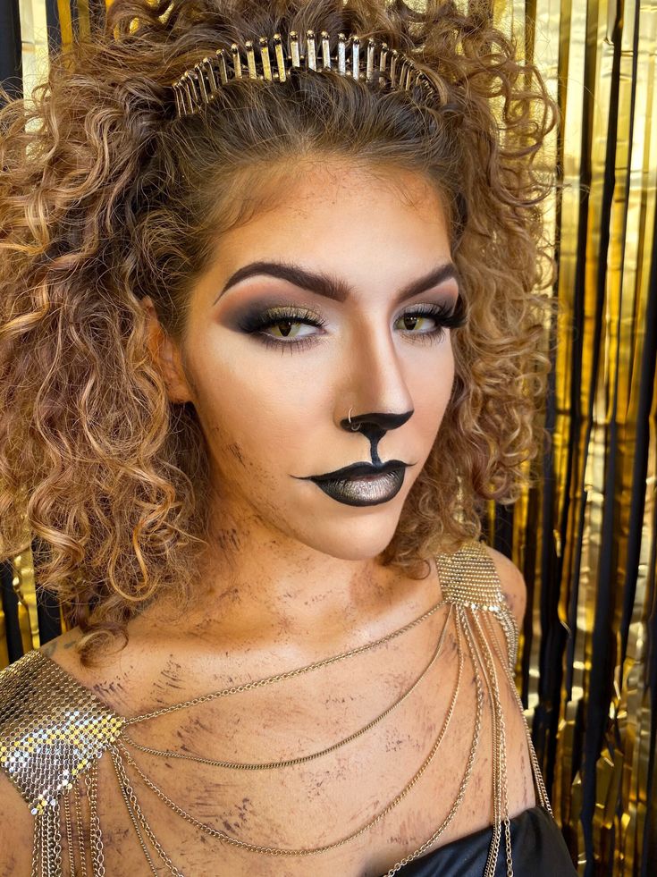 Lion Face Makeup Halloween, Plus Size Lion Costume, Lioness Makeup Halloween, Lion Makeup Women, Tiger Makeup Women, Lioness Makeup, Lion Costume Women, Tiger Goddess, Leo Makeup