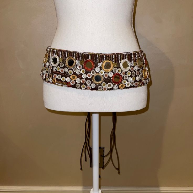 This Is A Fabric Hip Belt Covered In Buttons And Mirrors. It Ties At The Back So Fits Any Size. The Back Is Lined In A Printed Velvet. Vintage But Never Worn Sach Belt, Unique Belts, Statement Belts, Valentino Rockstud Flats, Double Wrap Belt, Chunky Belt, Beaded Tie, Crochet Belt, Handmade Belt