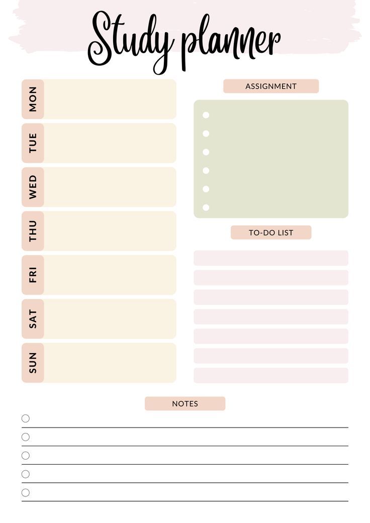 the printable study planner is shown with pink and green accents, including an empty notepad