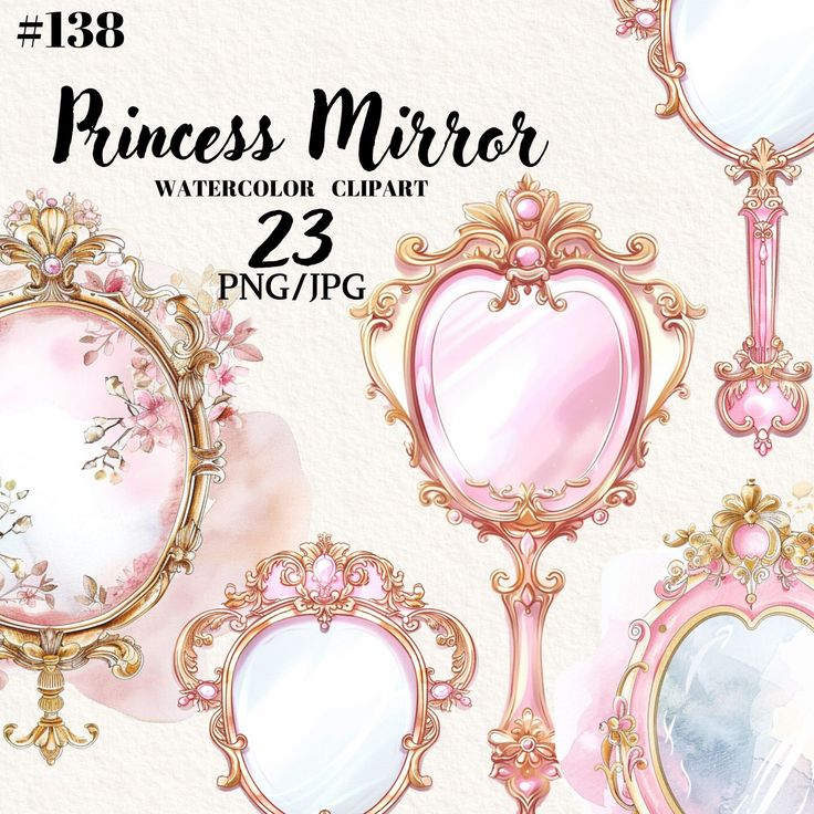 princess mirror clipart with pink flowers and gold trimmings, including oval mirrors