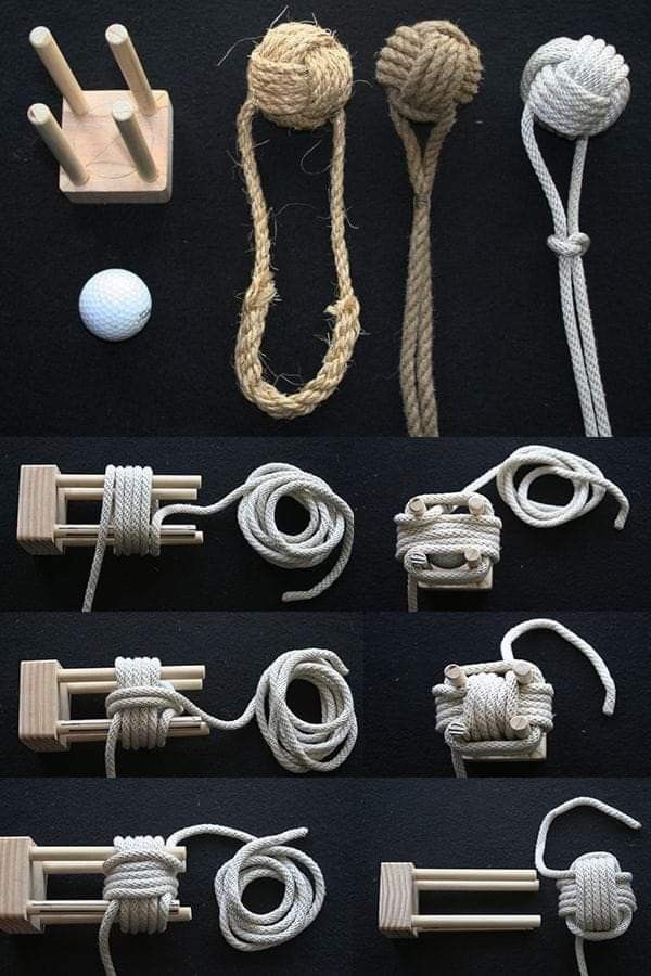 there are several different types of ropes and knots on the black surface with white balls