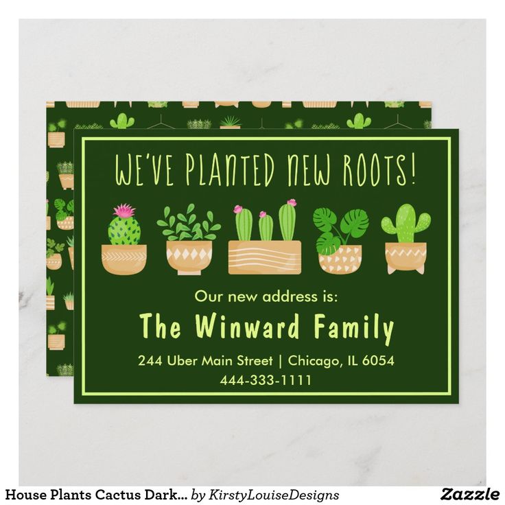 a green and yellow business card with potted cacti on the front, says we've planted new roots our new address is the winward family