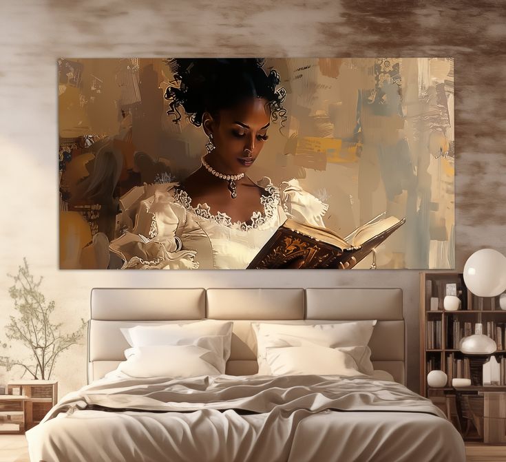 a woman reading a book on top of a bed next to a wall mounted painting