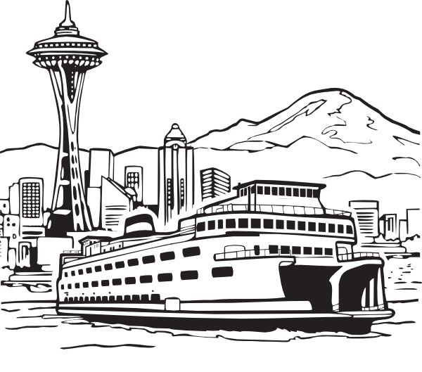 a black and white drawing of a cruise ship in front of a cityscape