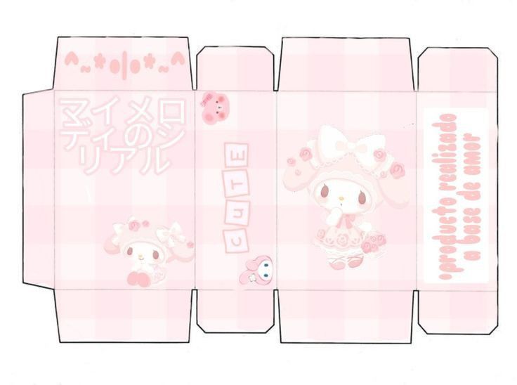 an open pink box with hello kitty on the front and side, sitting on top of a checkered table cloth