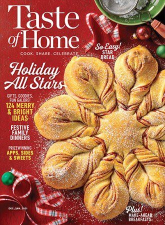 the cover of taste of home magazine with holiday food and decorations on it's table