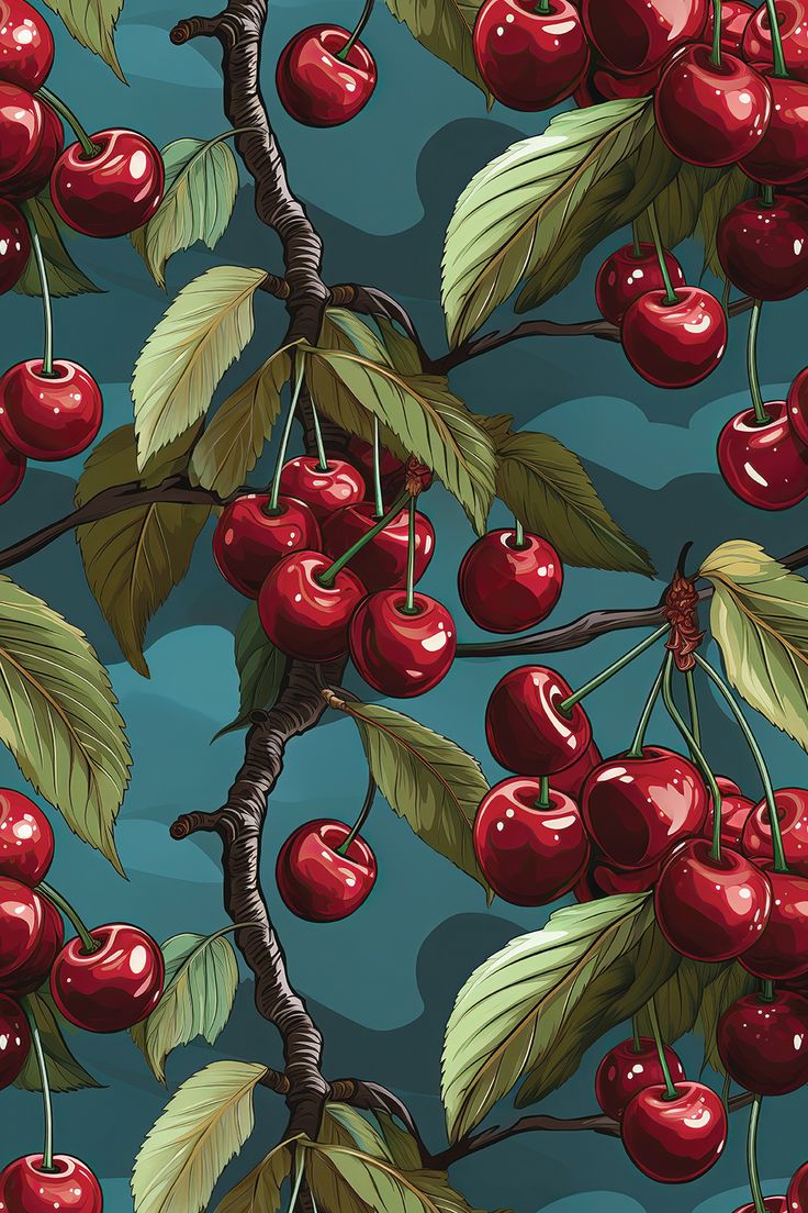 a painting of cherries on a branch with leaves and blue sky in the background