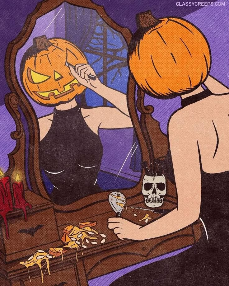 a woman looking at herself in the mirror with a jack - o'- lantern