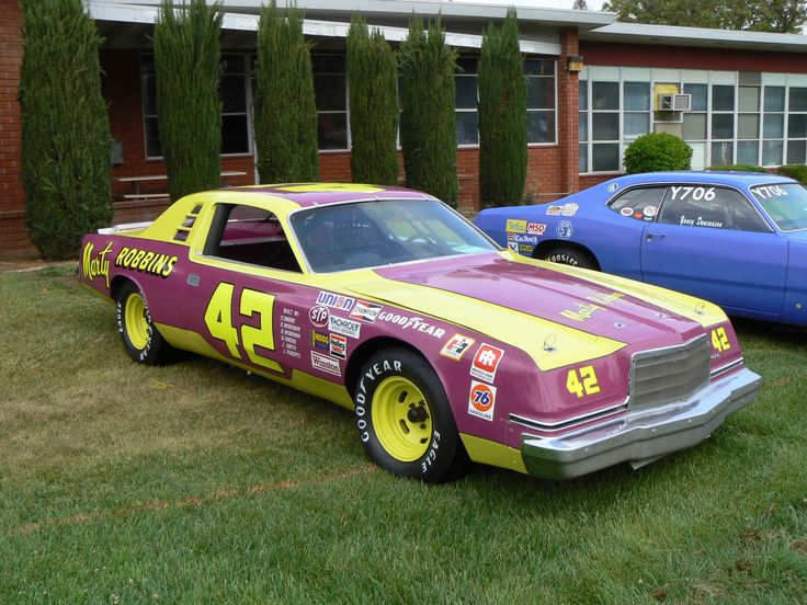 two cars are parked in the grass near each other and one is painted purple and yellow