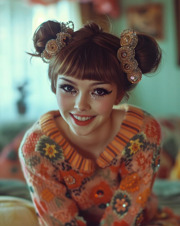 a young woman is sitting on the bed with her hair in buns and smiling at the camera