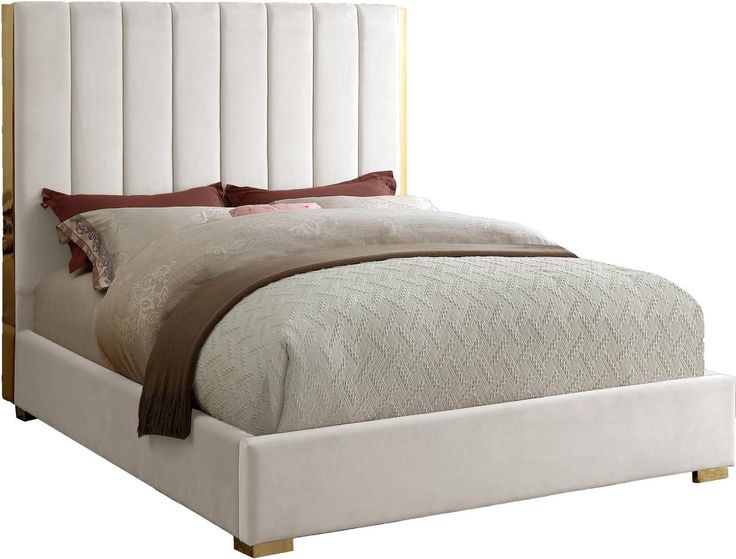 Transform your bedroom into a luxurious place to retired in the evenings with this elegant Janie cream velvet king bed. Featuring a cream velvet base with channel tufting atop a polished gold metal frame, this king-size bed makes a bold statement even when incorporated with existing contemporary bedroom decor. With a width of 85 inches, depth of 86 inches, height of 61.5 inches, and footboard height of 13.5 inches, this chic bed offers ample space for you to get a good night's rest. Velvet King Size Bed, Chic Bed, Velvet Upholstered Bed, Lit King Size, Velvet Bed, Contemporary Bedroom Decor, Meridian Furniture, Upholstered Panels, Beds & Bed Frames