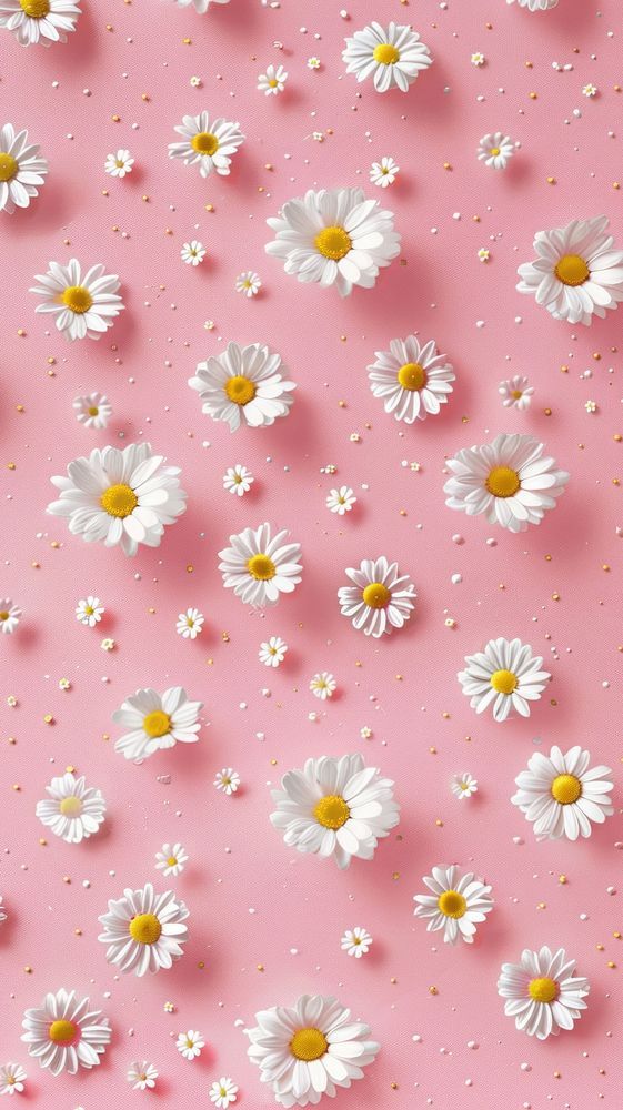 white daisies are scattered on a pink background