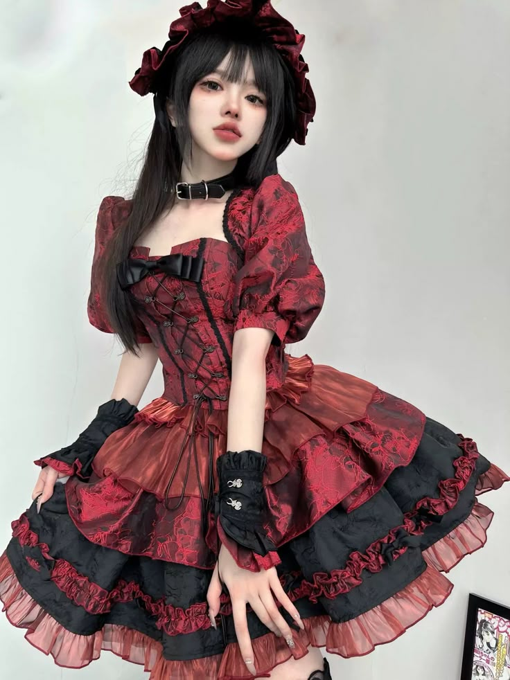 ❤︎Jacquard puff sleeve vest + fishbone corset + flared skirt❤︎ Lolíta Dress Red, Strawberry Dress Drawing, Clothes Inspo Drawing, Devilcore Outfits, Dress With Corset On Top, Drawing Ideas Clothes, Corset Skirts, Corset Hair, Outfits With Corsets