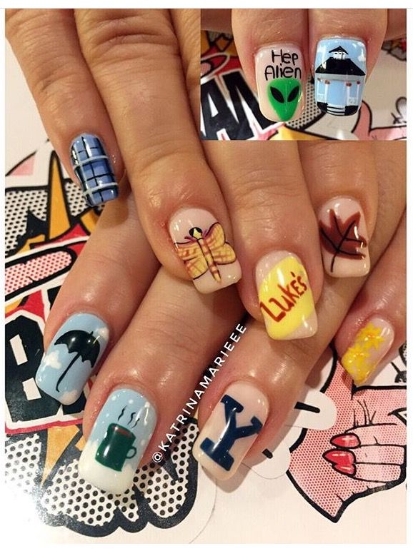 Gilmore Girls nails from Fingerbang Portland! Friends Tv Show Thanksgiving Nails, Movie Nails Art, Gilmore Girls Nails Aesthetic, Tv Show Nail Art, The Office Nails, Tv Show Inspired Nails, Gilmore Girls Themed Birthday Party, Gilmore Girls Nails, Movie Inspired Nails