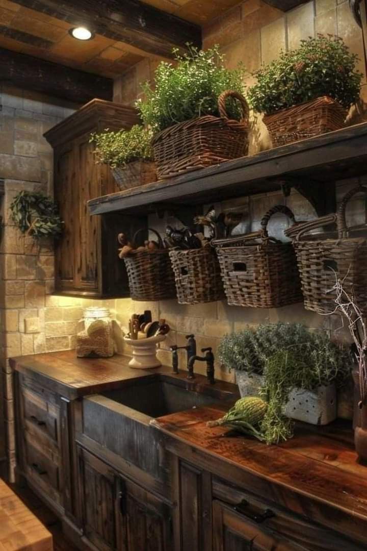 a kitchen with wooden cabinets and baskets on the shelves above the sink is filled with plants