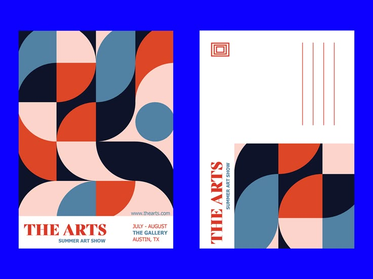 two business cards designed to look like abstract geometric shapes, with the text'the arts'in red and blue