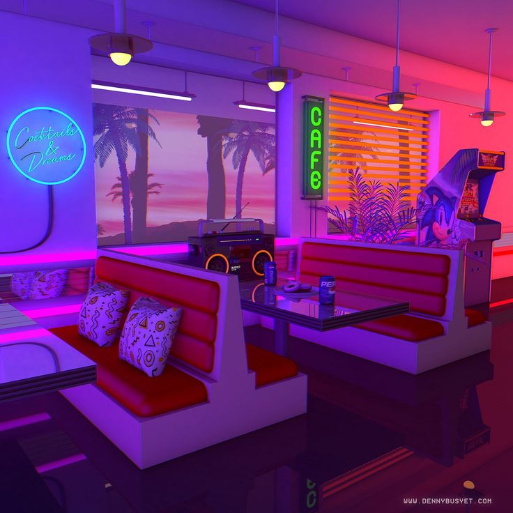 a room with couches, tables and neon lights