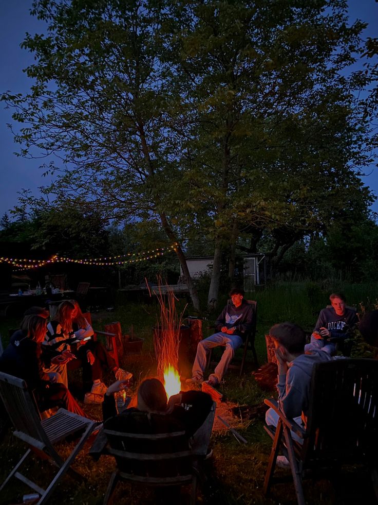 a group of people sitting around a fire pit in the grass under a tree at night