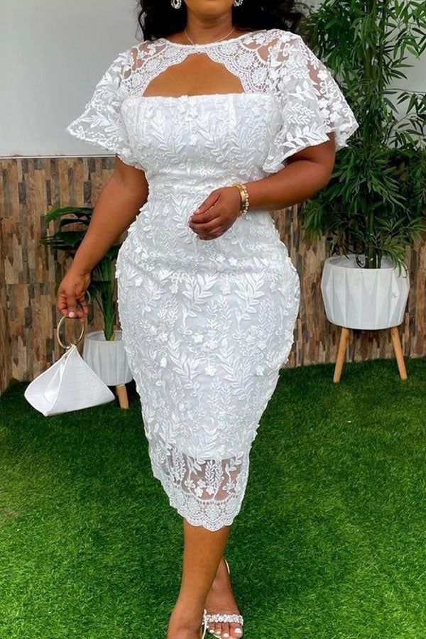 Details: Material: Lace Sleeve Type: Short Sleeve Neckline: Round Neck Length: Calf-Length Fit Type: Regular Fit Elastic: No Size(Inch) Bust Waist Hip Length S 35.4 27.6 43.3 44.1 M 37.4 29.5 45.3 44.5 L 39.4 31.5 47.2 44.9 XL 41.3 33.5 49.2 45.3 2XL 43.3 35.4 51.2 45.7 3XL 45.3 37.4 53.1 46.1 Tips: Due to the many variations in monitors, the color in the image could look slightly different, please take physical design and color shall prevail. Please allow 0.4""-1"" differs due to manual measure Dry Lace Styles, White Dresses Summer, White Lace Dress Short, Cutout Midi Dress, Lace Gown Styles, Lace Dress Styles, African Lace Dresses, Short Gowns, Slim Fit Dress