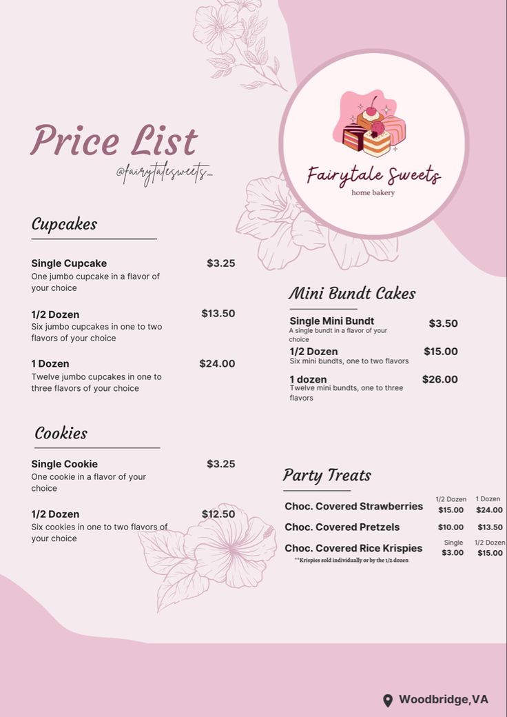 the price list for cake shop in pink and white with flowers on it's side