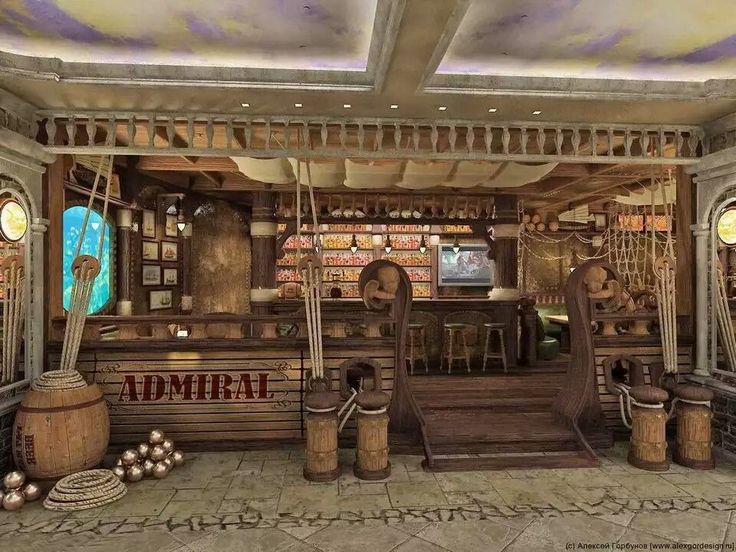 an artistic rendering of a bar with wooden barrels