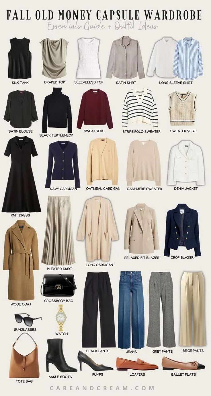 Old Money Fall Capsule Wardrobe + 15 Outfit Ideas One Suitcase Capsule Wardrobe, Old Money Brands For Women, Old Money Outfit Women Autumn, Oldmoney Women Outfit, Old Money Capsule Wardrobe Women, Old Money Outfits Aesthetic Women Casual, Old Money Fall Wardrobe, Plus Size Old Money Aesthetic, Old Money Outfits Autumn Women