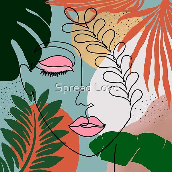 a woman's face surrounded by tropical leaves and dots on a blue background with pink lips