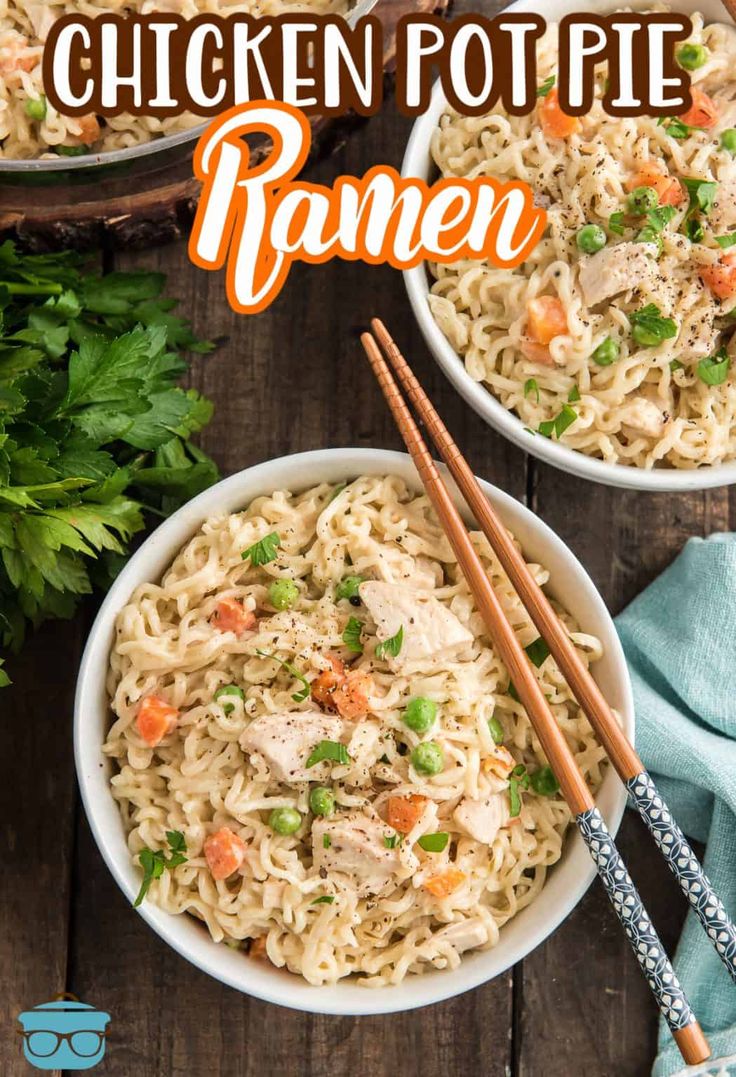 chicken pot pie ramen in two bowls with chopsticks and parsley on the side