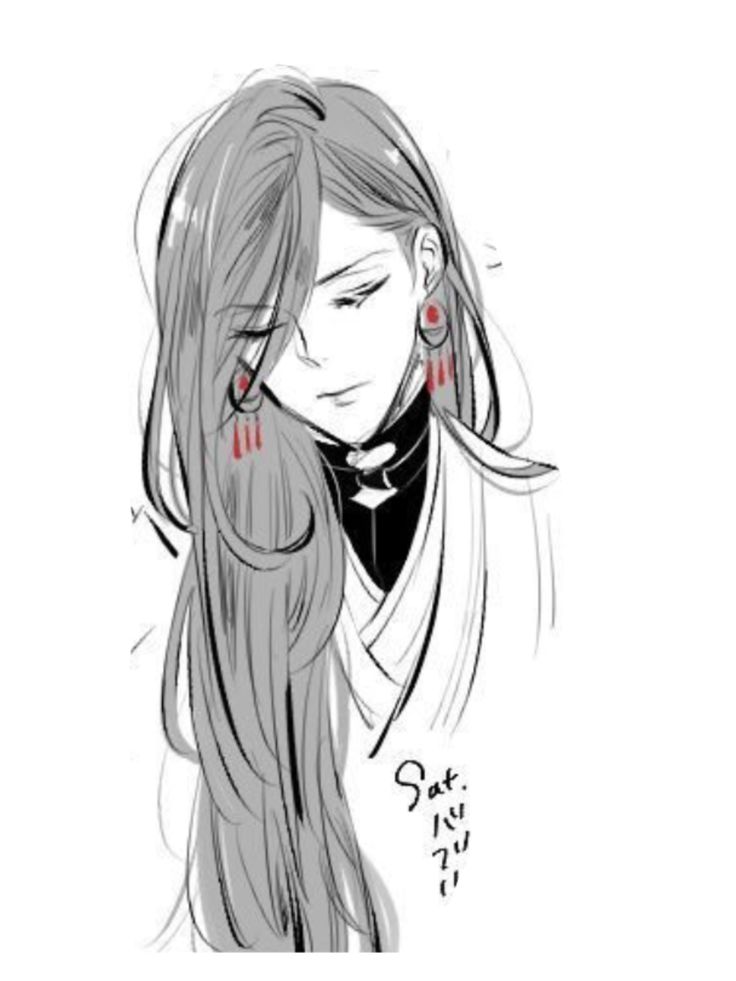 a drawing of a woman with long hair and red earrings on her ear, wearing a black