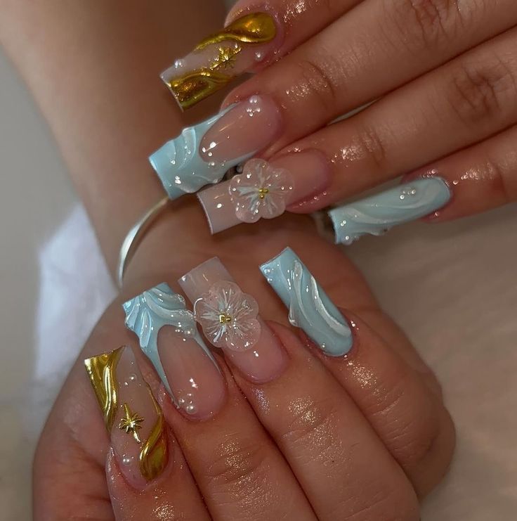 Golden Nails, Girly Acrylic, Blue Acrylic Nails, Summery Nails, Simple Acrylic Nails, Girly Acrylic Nails, Acrylic Nails Designs, Classy Acrylic Nails, Acrylic Nails Coffin Pink