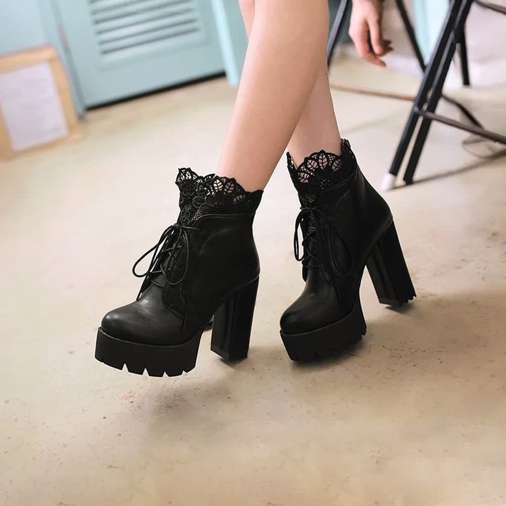 Elevate your style with our Gothic Lace Platform Boots. Featuring intricate floral lace embroidery for an elegant touch and a back zipper for convenience. Crafted from premium PU leather with a durable rubber outsole, these boots combine style and longevity. Available in timeless black and white, these stylish lace boots are a must-have for fashion-forward individuals. Floral lace embroidery Back zipper Premium PU leather Durable rubber outsole Timeless black and white color Black Floral Shoes, White Heeled Boots, Laced Boots, Gothic Lace, Black And White Heels, Gothic Shoes, Floral Shoes, Black And White Color, Lace Embroidery