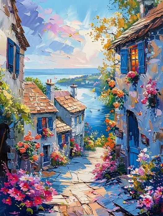 a painting of an alley with flowers on the side and water in the back ground