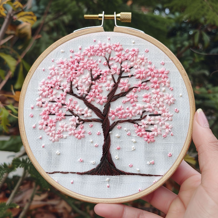 a hand holding up a small embroidered tree with pink and white flowers on it's branches