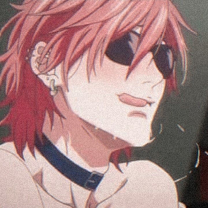 an anime character with red hair and sunglasses looking at something in the distance behind him