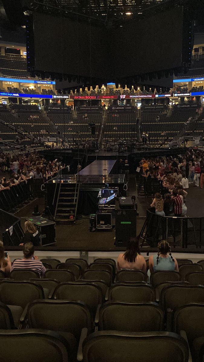 an auditorium filled with people sitting and standing on the stage for a concert or show