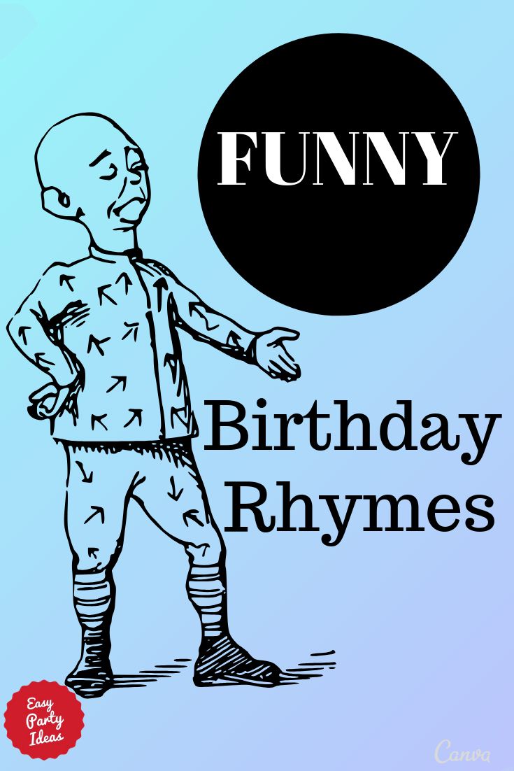 a drawing of a boy with the words funny birthday rhymes in black on a blue background