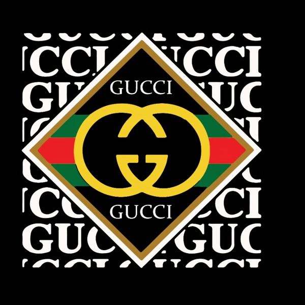 the gucci logo is shown in black and white with red, green, and yellow stripes